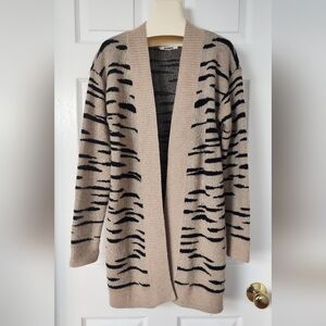BB Dakota Tiger Stripe Print Open Front Long Cardigan Duster Sweater Tan Black